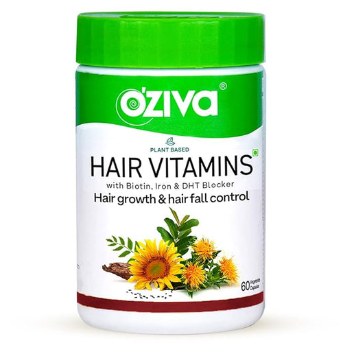 OZiva Hair Vitamin Capsules with Biotin, Iron, Vitamin E & DHT Blocker | Natural Hair Growth & Hair Fall Support | 60 Capsules