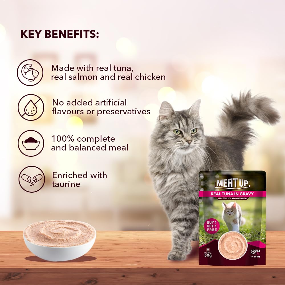 Adult Cat Wet Food (50g x 8), 400g + 400g | Real Tuna in Gravy | Supports Heart & Vision Health | Strong Bones & Teeth | Natural Flavours | Organic Minerals & Vitamins