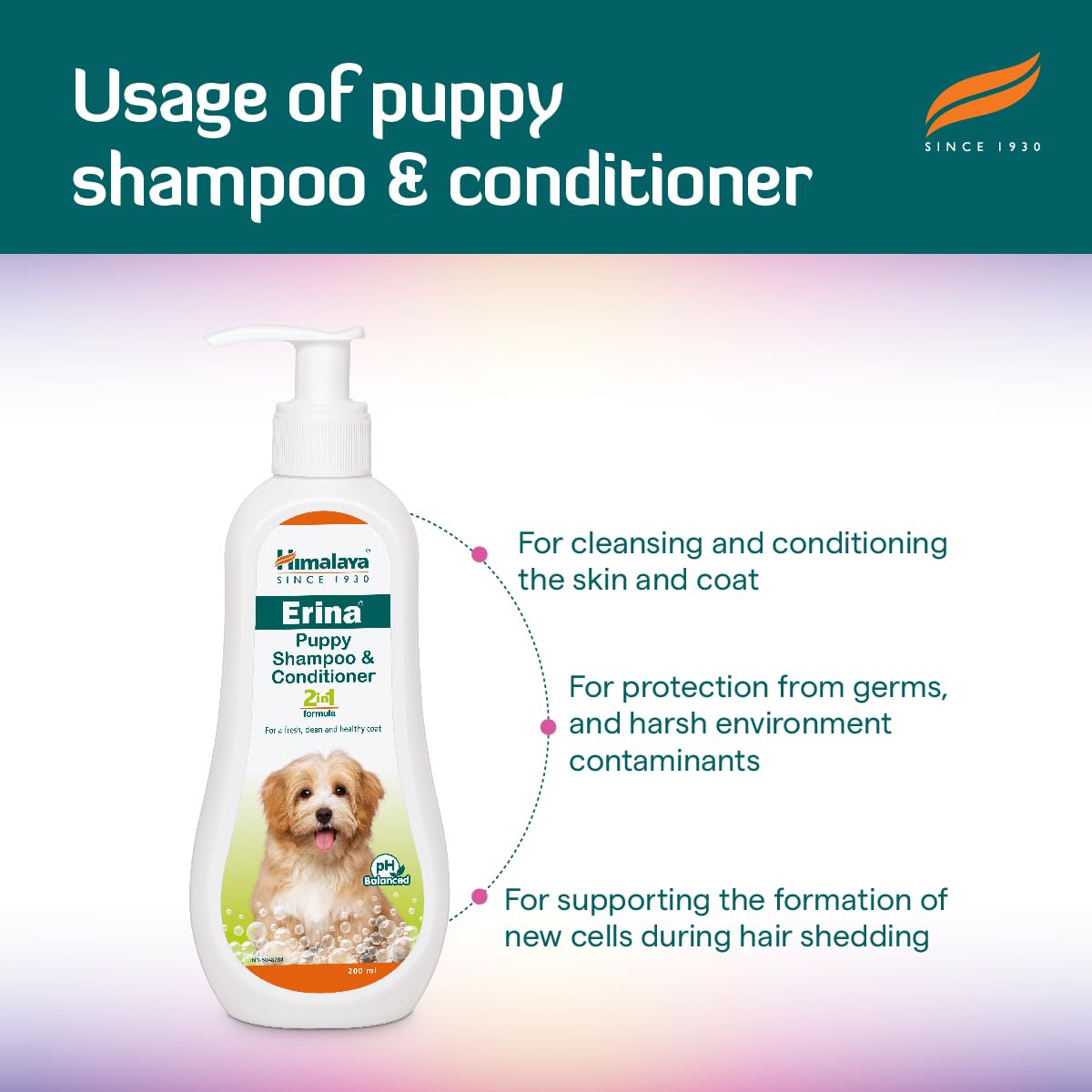 Erina Puppy Shampoo & Conditioner | 200 ml | Gentle 2-in-1 Cleansing & Conditioning for Puppies – with Oats, Reetha & Lavender Oil