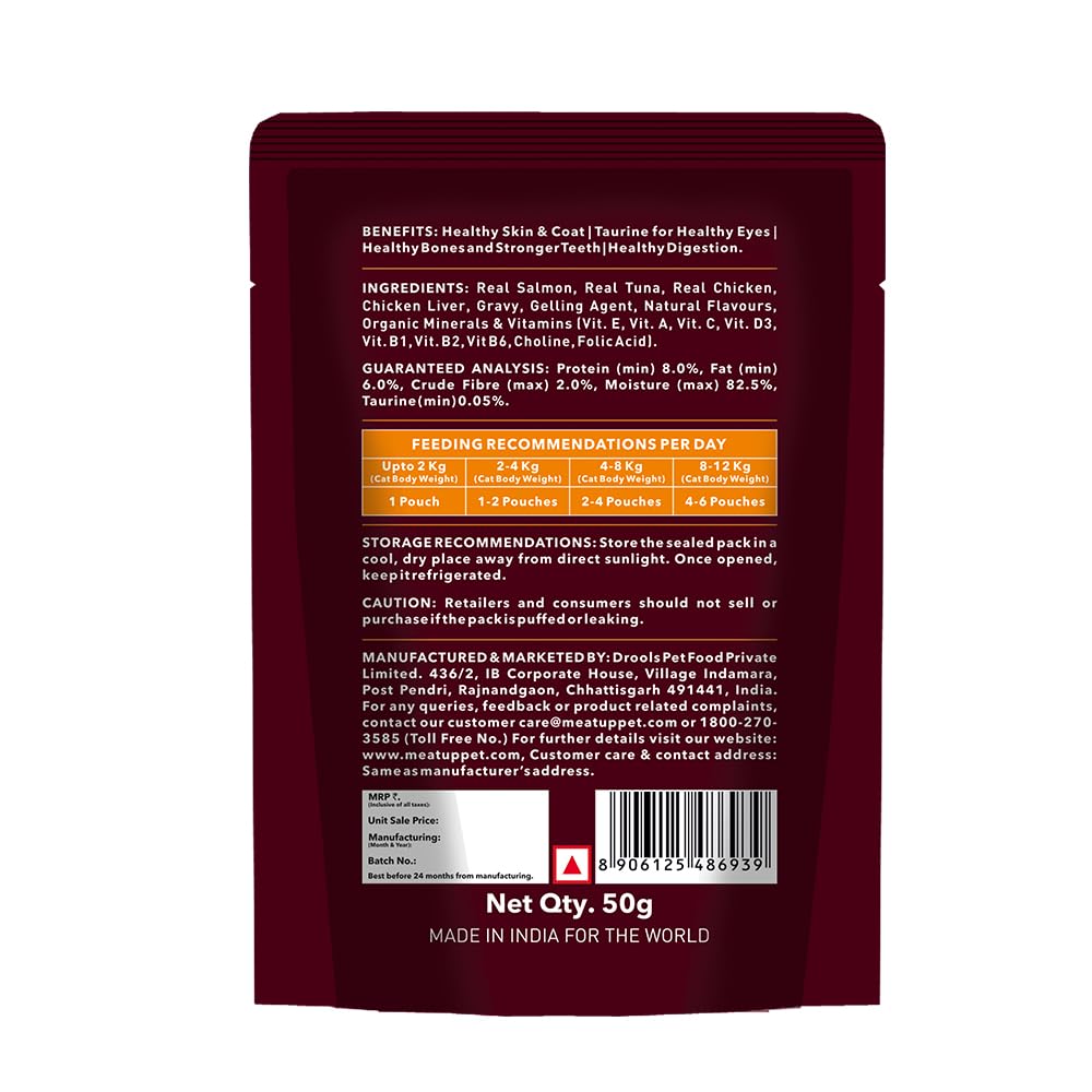 Adult Wet Cat Food (50g x8) 400g + 400g | Real Salmon Fish in Gravy | Supports Heart & Vision Health | Strong Bones & Teeth | Natural Flavours | Organic Minerals & Vitamins