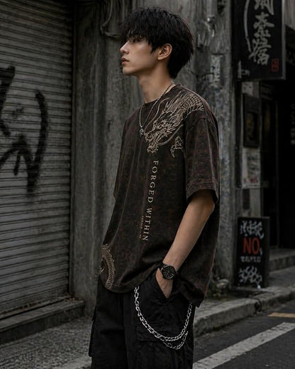 Men's Brown Acid Wash Oversized T-Shirt | Japanese Dragon Graphic Heavyweight Cotton Streetwear Tee