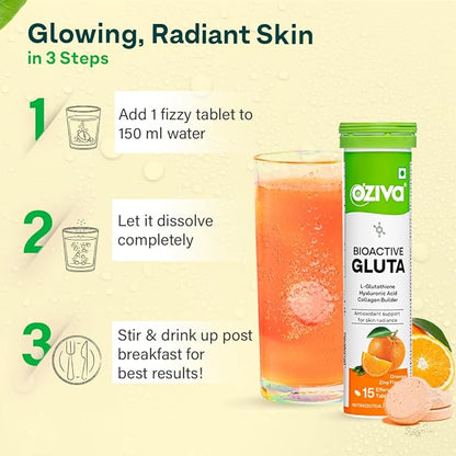 OZiva Bioactive Glutathione Tablets for Radiant Skin - 30 Effervescent Tablets (Pack of 2) | L-Glutathione, Lycopene, Vitamin C for Skin Glow & Anti-Pigmentation | Orange