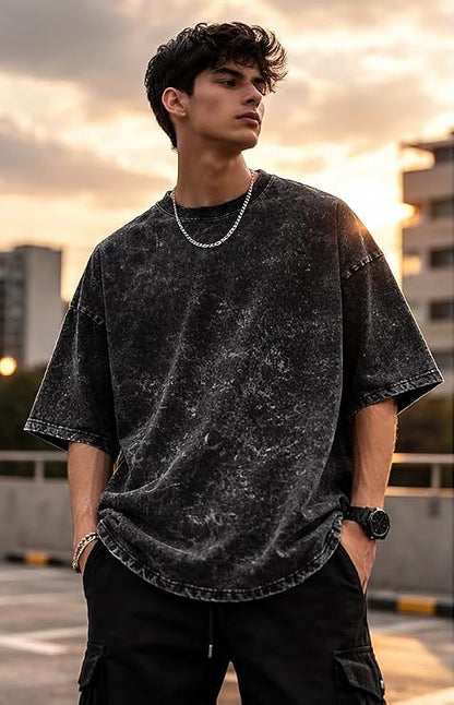 Men's Acid Wash Vintage Oversized T-Shirt | Red Graphic Back Print Heavyweight Cotton Streetwear Tee