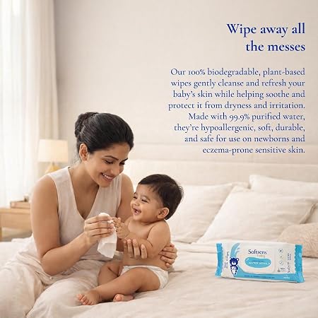 Softsens Baby 99.9% Pure Water Wipes | Pure Aloe Vera Extract with Lid Wipes For Babies (Pack of 6)