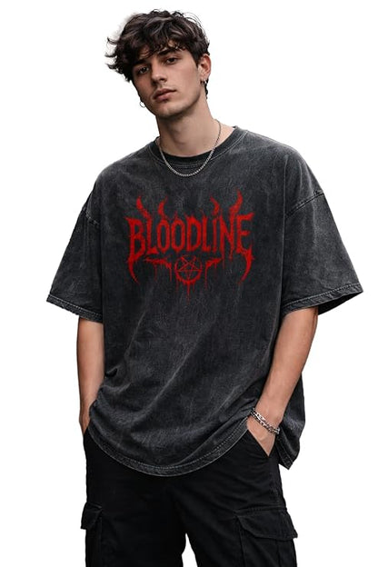 Men's Acid Wash Vintage Oversized T-Shirt | Bloodline Red Graphic Heavyweight Cotton Streetwear Tee