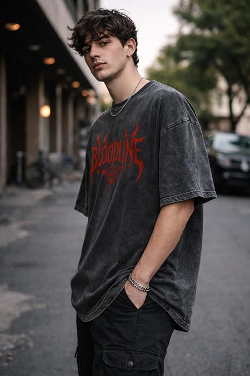 Men's Acid Wash Vintage Oversized T-Shirt | Bloodline Red Graphic Heavyweight Cotton Streetwear Tee