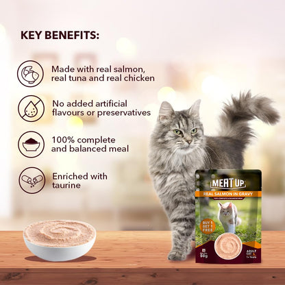 Adult Wet Cat Food (50g x8) 400g + 400g | Real Salmon Fish in Gravy | Supports Heart & Vision Health | Strong Bones & Teeth | Natural Flavours | Organic Minerals & Vitamins