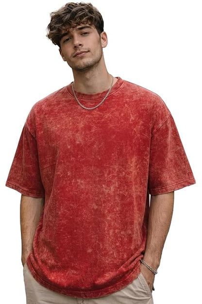 Men's Red Acid Wash Vintage Plain Oversized T-Shirt | Heavyweight Cotton Blank Streetwear Tee