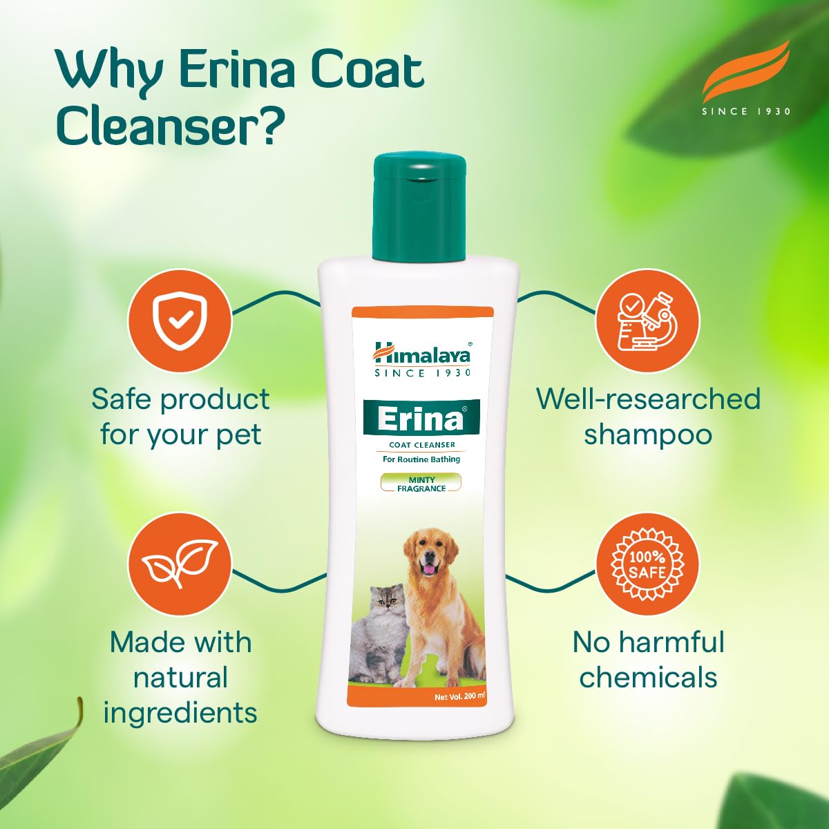 Erina Coat Cleanser | 450 ml | Routine Bathing & Skin Hygiene | With Neem for Dandruff & Itch Relief