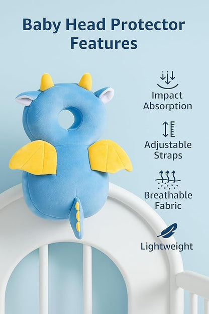 Baby Head Protector Cushion for 6–24 Months | Soft Plush Safety Backpack for Toddlers | Adjustable Straps, Anti-Fall Pillow for Infants (Dragon)