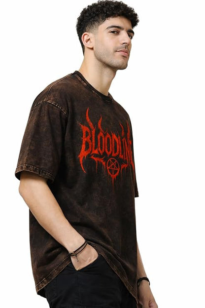 Men's Brown Acid Wash Vintage Oversized T-Shirt | Bloodline Red Graphic Heavyweight Cotton Streetwear Tee
