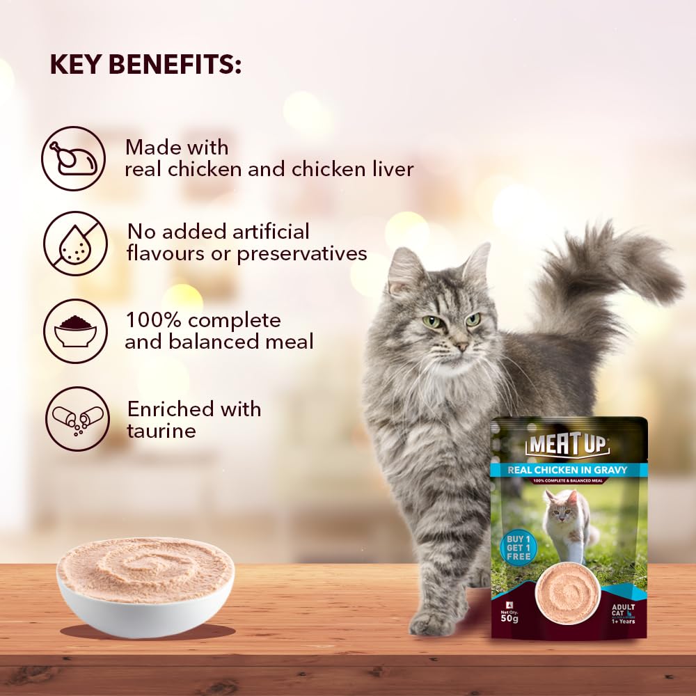 Adult Cat Wet Food (50g x 8), 400g + 400g (Free) | Real Chicken in Gravy | Supports Heart & Vision Health | Healthy Skin & Coat | Natural Flavours | Organic Minerals & Vitamins