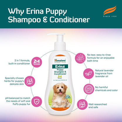 Erina Puppy Shampoo & Conditioner | 200 ml | Gentle 2-in-1 Cleansing & Conditioning for Puppies – with Oats, Reetha & Lavender Oil