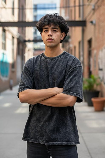 Men's Acid Wash Vintage Plain Oversized T-Shirt | Heavyweight Cotton Blank Streetwear Tee