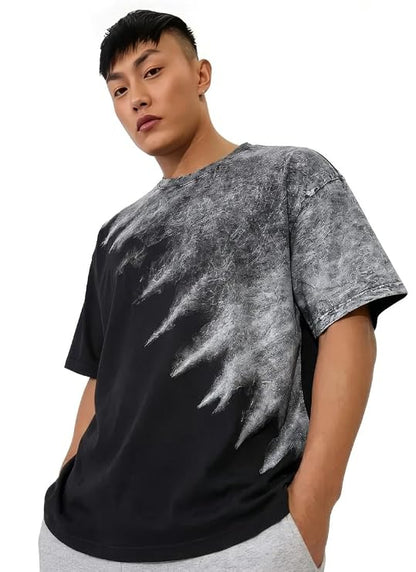 Men's Half Acid Wash Two-Tone Oversized T-Shirt | Heavyweight Cotton Asymmetric Streetwear Tee