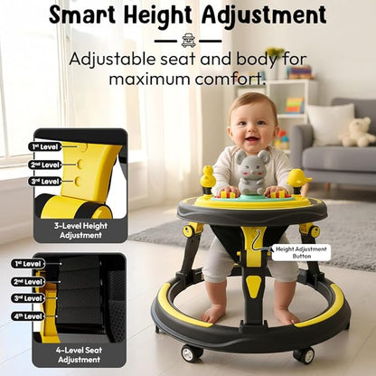 Baby Walkers for 9+, 6-24 Month Baby boy & Girl 360° Walker for Kids for 6-24 Months with 7 Level Height Adjustment, Baby Walker with Switchable Food & Musical Toy Tray -Yellow Black