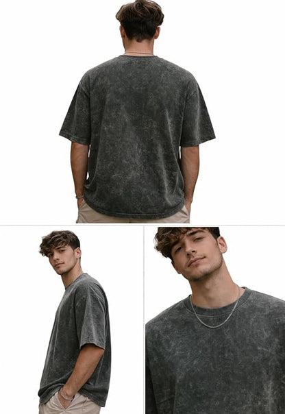 Men's Acid Wash Vintage Plain Oversized T-Shirt | Heavyweight Cotton Blank Streetwear Tee