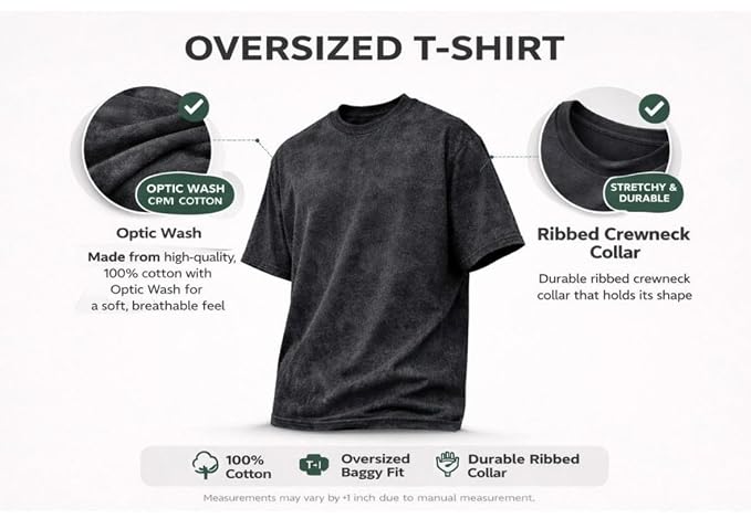 Men's Acid Wash Vintage Plain Oversized T-Shirt | Heavyweight Cotton Blank Streetwear Tee