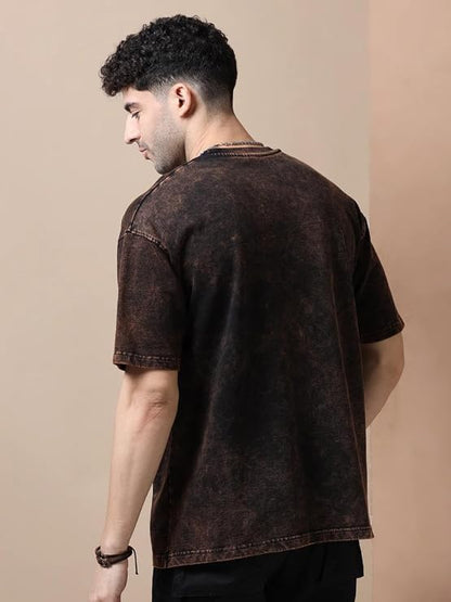 Men's Brown Acid Wash Oversized T-Shirt | Japanese Dragon Graphic Heavyweight Cotton Streetwear Tee