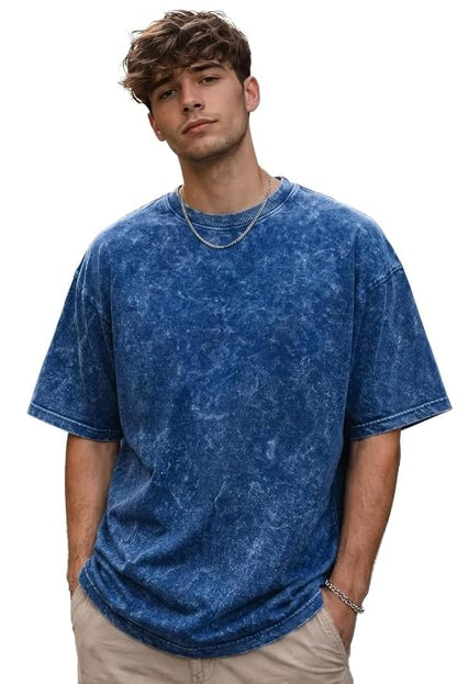 Men's Blue Acid Wash Vintage Plain Oversized T-Shirt | Heavyweight Cotton Blank Streetwear Tee