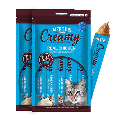 Cat Creamy Lickable Treat (15g x 5 Sachets) 75g + 75g Total 150g| Real Chicken | All Breeds | Supports Immune Function | Supports Skin, Coat & Muscle Health