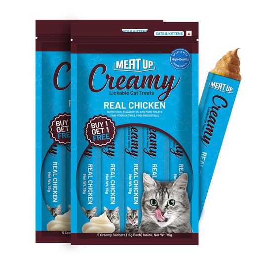 Cat Creamy Lickable Treat (15g x 5 Sachets) 75g + 75g Total 150g| Real Chicken | All Breeds | Supports Immune Function | Supports Skin, Coat & Muscle Health
