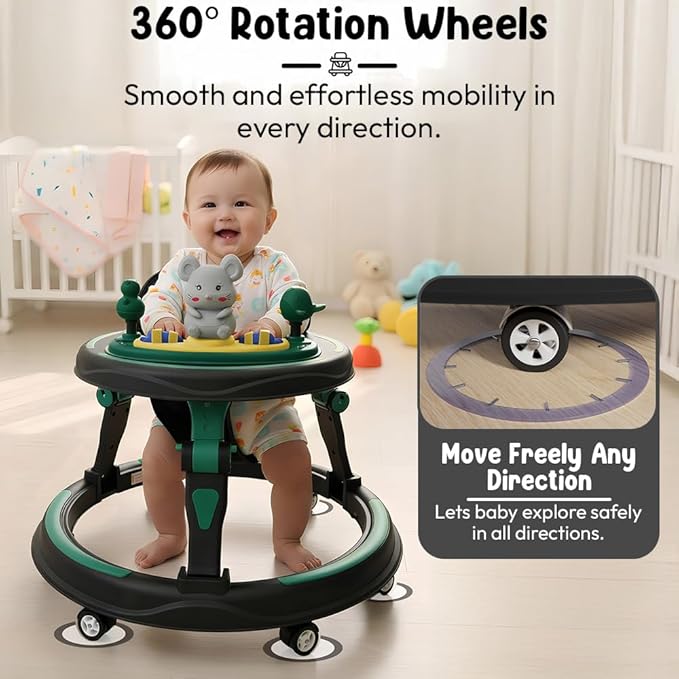 Baby Walkers for 9+ Or 16 Month Baby boy & Girl 360° Walker for Kids for 7 Level Height Adjustment, Baby Walker with Switchable Food & Musical Toy Tray -Green Black