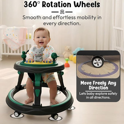 Baby Walkers for 9+ Or 16 Month Baby boy & Girl 360° Walker for Kids for 7 Level Height Adjustment, Baby Walker with Switchable Food & Musical Toy Tray -Green Black