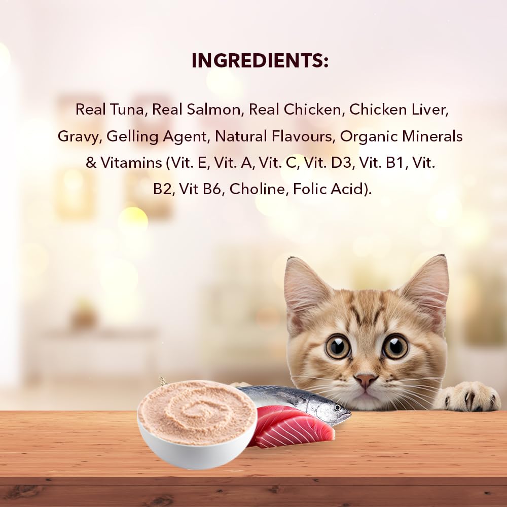 Adult Cat Wet Food (50g x 8), 400g + 400g | Real Tuna in Gravy | Supports Heart & Vision Health | Strong Bones & Teeth | Natural Flavours | Organic Minerals & Vitamins