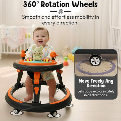 Baby Walkers for 6-18 Month Baby boy 360° Walker for Kids for 6 to 18 Months with RGB Light, 7 Level Height Adjustment, Baby Walker with Switchable Food & Musical Toy Tray -Orange Black