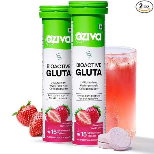 OZiva Bioactive Glutathione Tablets for Radiant Skin - 30 Effervescent Tablets (Pack of 2) | L-Glutathione, Lycopene, Vitamin C for Skin Glow & Anti-Pigmentation | Strawberry Swirl.