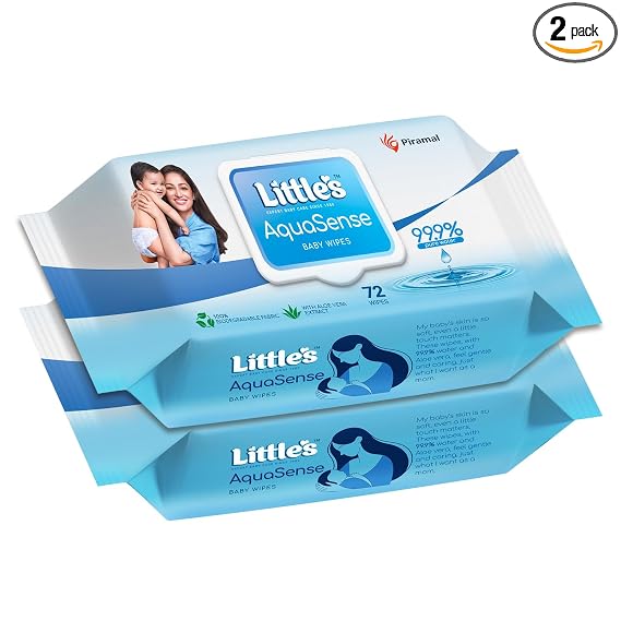 Little's 99.9% Pure Water AquaSense Baby Wipes | Unscented | with Aloe Vera | Pack of 2 X 72 Wipes | Plant-based | 100% Biodegradable | No Paraben