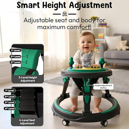 Baby Walkers for 9+ Or 16 Month Baby boy & Girl 360° Walker for Kids for 7 Level Height Adjustment, Baby Walker with Switchable Food & Musical Toy Tray -Green Black