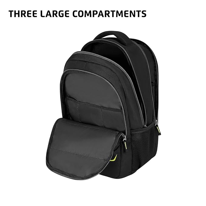 Safari Omega Pro Laptop Backpack With Raincover, 3 Compartments, Bottle Holder, Organizer, Unisex Bag For Boys & Girls, School/College/Office/Travel Bag, Color- Black, 35L