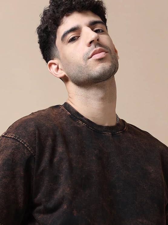 Men's Brown Acid Wash Vintage Oversized T-Shirt | Bloodline Red Graphic Heavyweight Cotton Streetwear Tee
