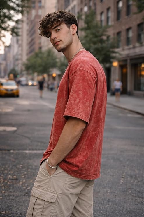 Men's Red Acid Wash Vintage Plain Oversized T-Shirt | Heavyweight Cotton Blank Streetwear Tee