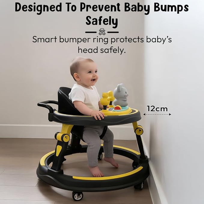 Baby Walkers for 9+, 6-24 Month Baby boy & Girl 360° Walker for Kids for 6-24 Months with 7 Level Height Adjustment, Baby Walker with Switchable Food & Musical Toy Tray -Yellow Black