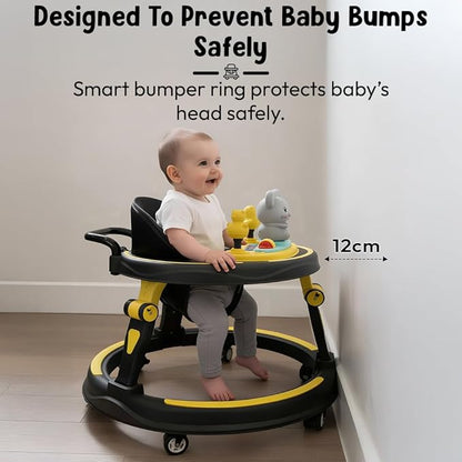 Baby Walkers for 9+, 6-24 Month Baby boy & Girl 360° Walker for Kids for 6-24 Months with 7 Level Height Adjustment, Baby Walker with Switchable Food & Musical Toy Tray -Yellow Black