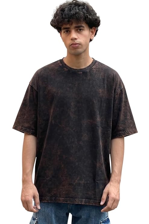 Men's Brown Acid Wash Vintage Plain Oversized T-Shirt | Heavyweight Cotton Blank Streetwear Tee