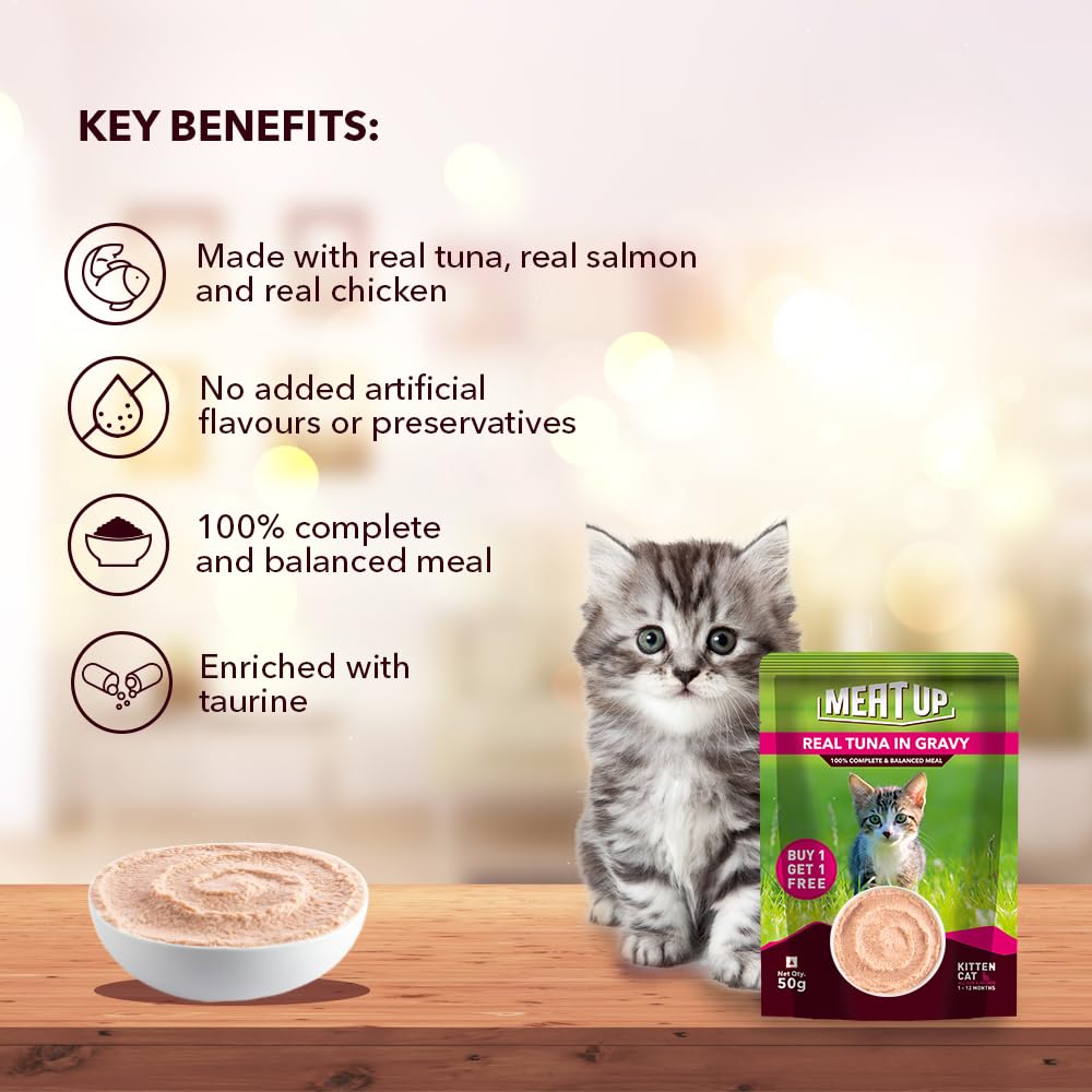 Kitten Cat Wet Food (50g x 8), 400gm + 400gm | Real Tuna in Gravy | Supports Heart & Vision Health | Strong Bones & Teeth | Natural Flavours | Organic Minerals & Vitamins