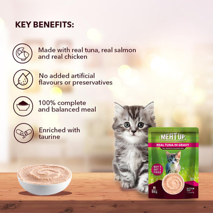 Kitten Cat Wet Food (50g x 8), 400gm + 400gm | Real Tuna in Gravy | Supports Heart & Vision Health | Strong Bones & Teeth | Natural Flavours | Organic Minerals & Vitamins