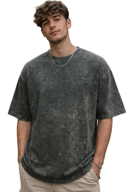 Men's Acid Wash Vintage Plain Oversized T-Shirt | Heavyweight Cotton Blank Streetwear Tee