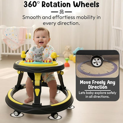 Baby Walkers for 9+, 6-24 Month Baby boy & Girl 360° Walker for Kids for 6-24 Months with 7 Level Height Adjustment, Baby Walker with Switchable Food & Musical Toy Tray -Yellow Black