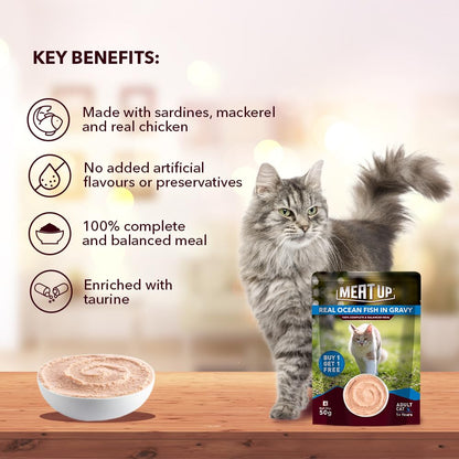 Adult Cat Wet Food 400g + 400g (50g x 8) | Real Ocean Fish in Gravy | Supports Heart & Vision | Strong Bones & Teeth | Natural Flavors | Organic Minerals