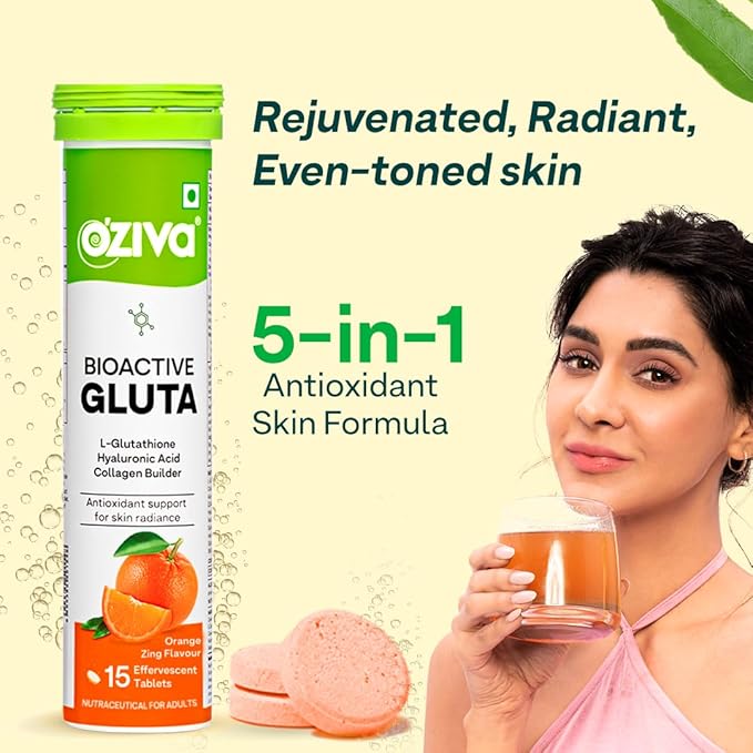 OZiva Bioactive Glutathione Tablets for Radiant Skin - 30 Effervescent Tablets (Pack of 2) | L-Glutathione, Lycopene, Vitamin C for Skin Glow & Anti-Pigmentation | Orange
