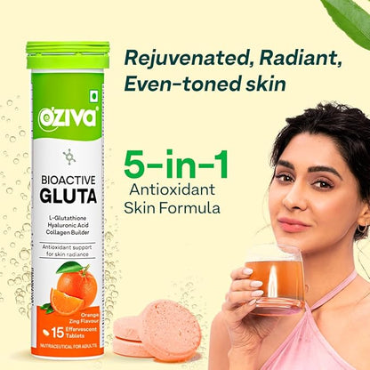 OZiva Bioactive Glutathione Tablets for Radiant Skin - 30 Effervescent Tablets (Pack of 2) | L-Glutathione, Lycopene, Vitamin C for Skin Glow & Anti-Pigmentation | Orange