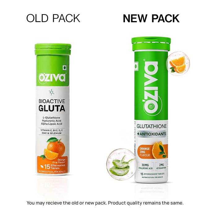 OZiva Bioactive Glutathione Tablets for Radiant Skin - 30 Effervescent Tablets (Pack of 2) | L-Glutathione, Lycopene, Vitamin C for Skin Glow & Anti-Pigmentation | Orange