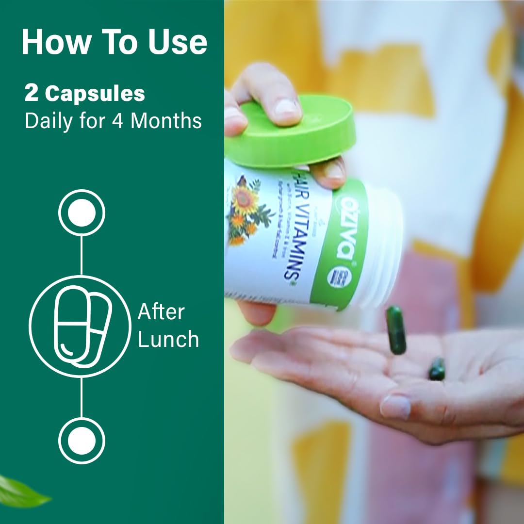 OZiva Hair Vitamin Capsules with Biotin, Iron, Vitamin E & DHT Blocker | Natural Hair Growth & Hair Fall Support | 60 Capsules