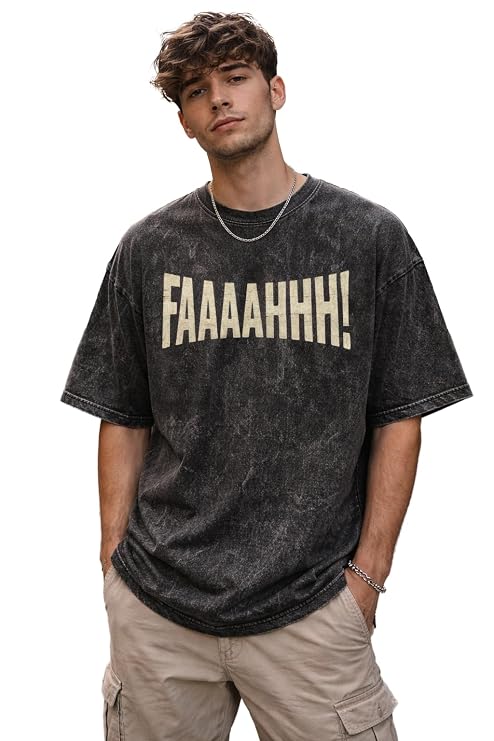 Men's Acid Wash Vintage Oversized T-Shirt | FAAAAHHH Print Heavyweight Cotton Streetwear Tee