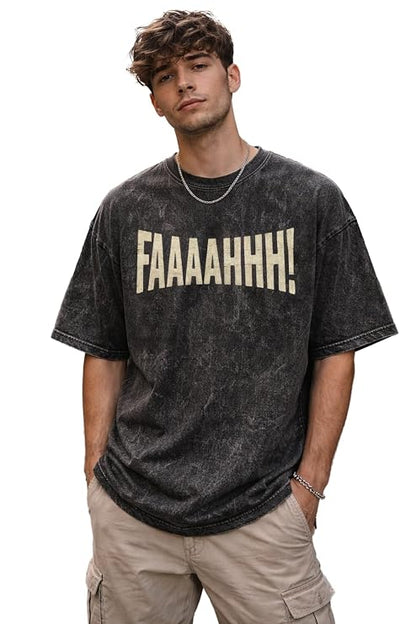 Men's Acid Wash Vintage Oversized T-Shirt | FAAAAHHH Print Heavyweight Cotton Streetwear Tee